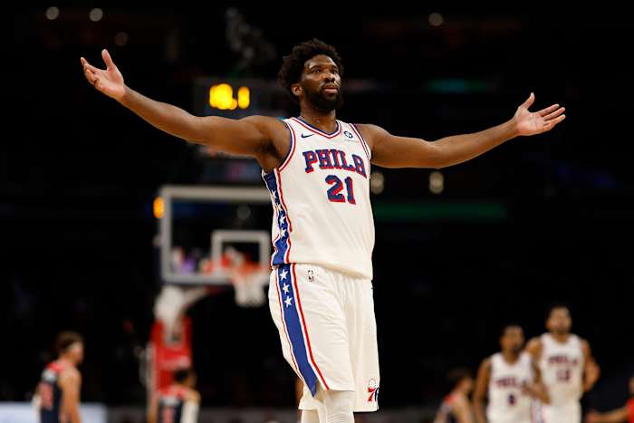 Philadelphia 76ers center Joel Embiid (21) celebrates after scoring his 50th point of the game against the Washington Wizards in the fourth quarter at Capital One Arena.